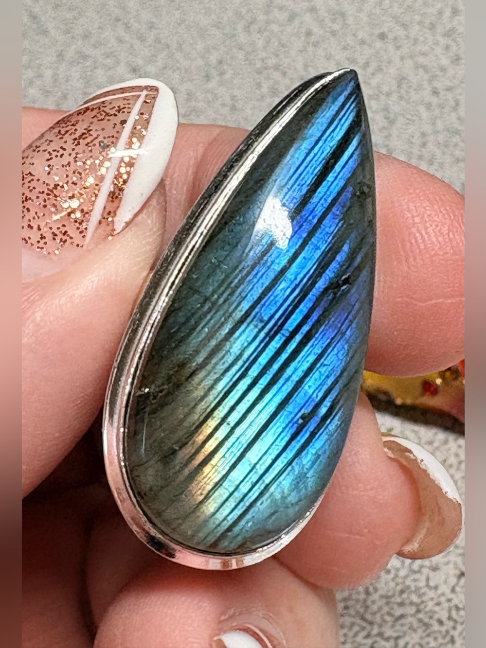 Artisan Labradorite Teardrop Ring - Blue-Green Flash